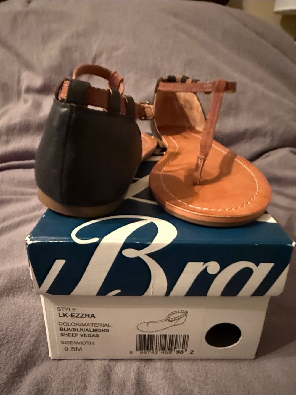 Lucky Brand Black and Tan T-Strap Sandals
